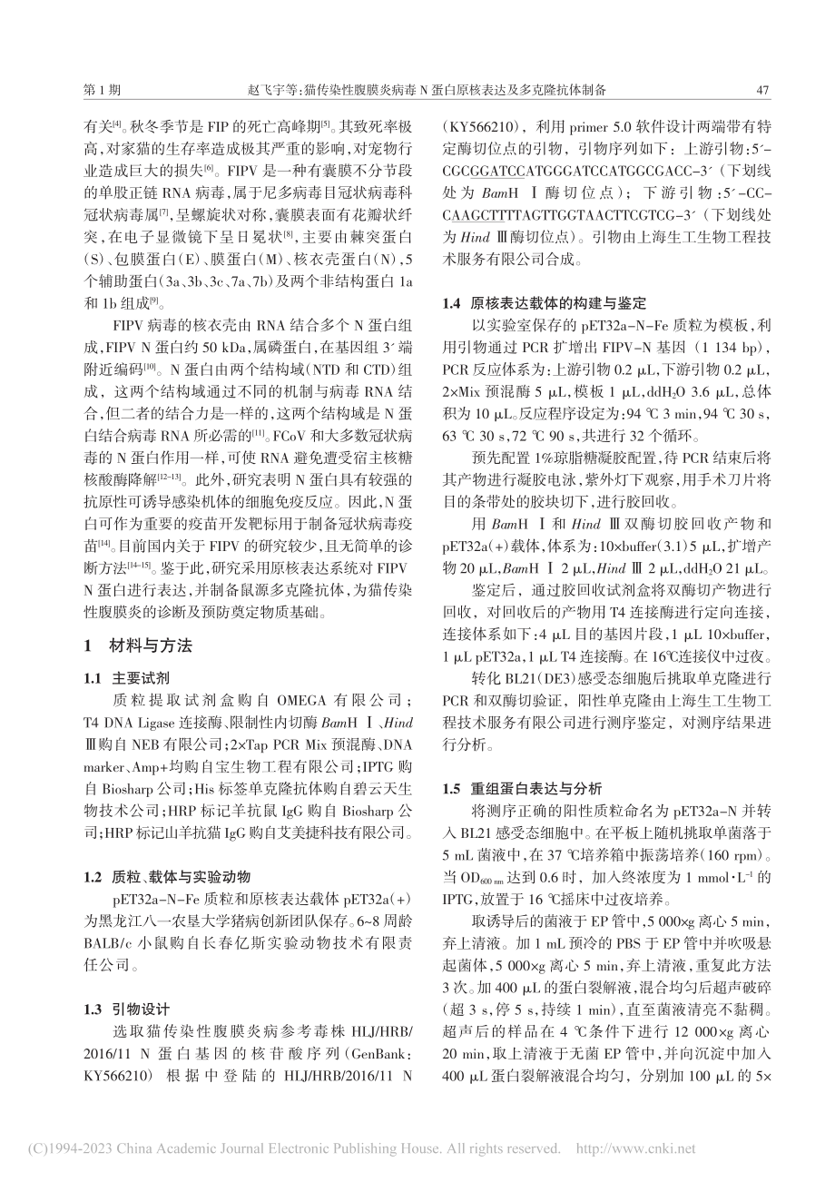 猫传染性腹膜炎病毒N蛋白原核表达及多克隆抗体制备_赵飞宇.pdf_第2页