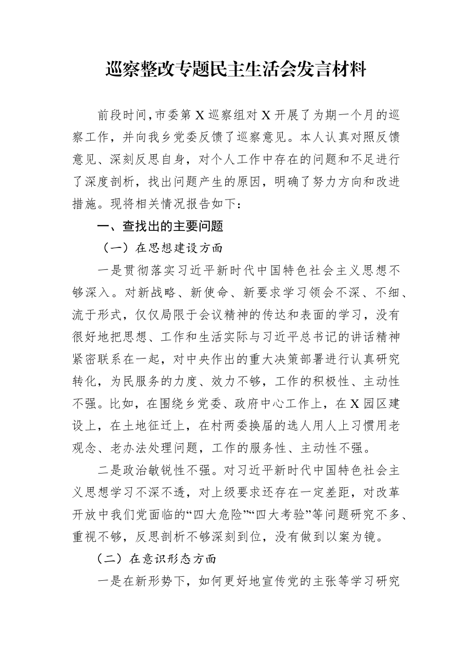 巡察整改专题民主生活会发言材料.docx_第1页