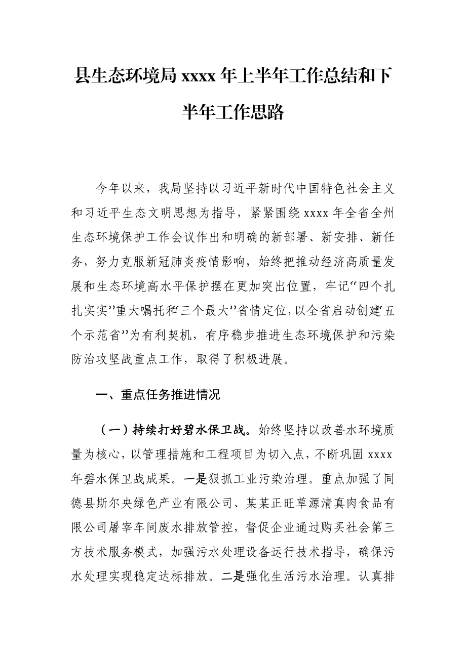 县生态环境局2020年上半年工作总结和下半年工作思路.docx_第1页