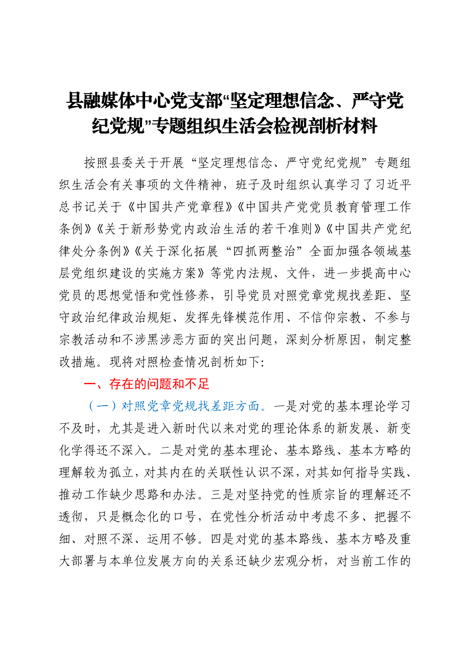 县融媒体中心党支部“坚定理想信念、严守党纪党规”专题组织生活会检视剖析材料.docx_第1页