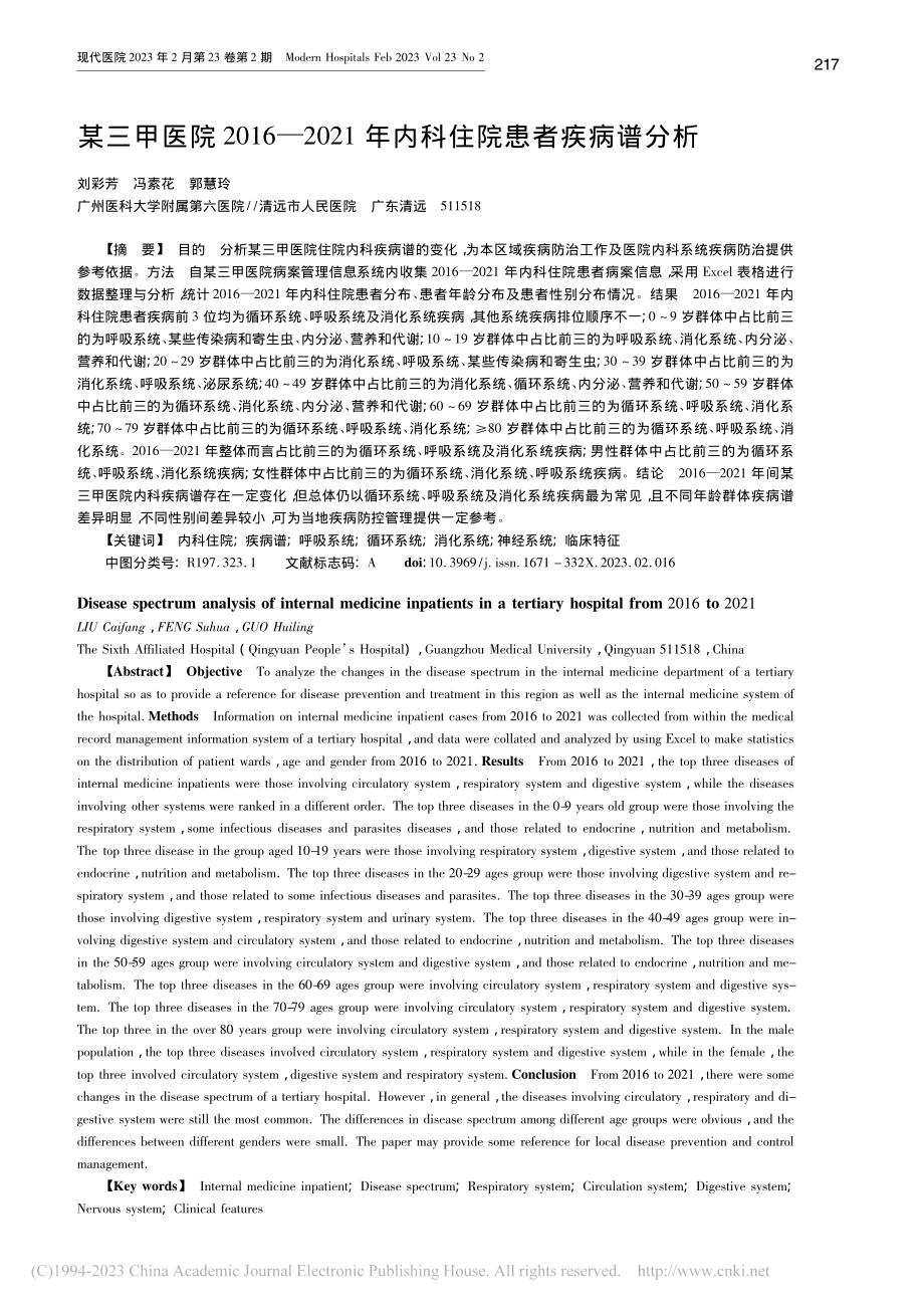 某三甲医院2016—2021年内科住院患者疾病谱分析_刘彩芳.pdf_第1页