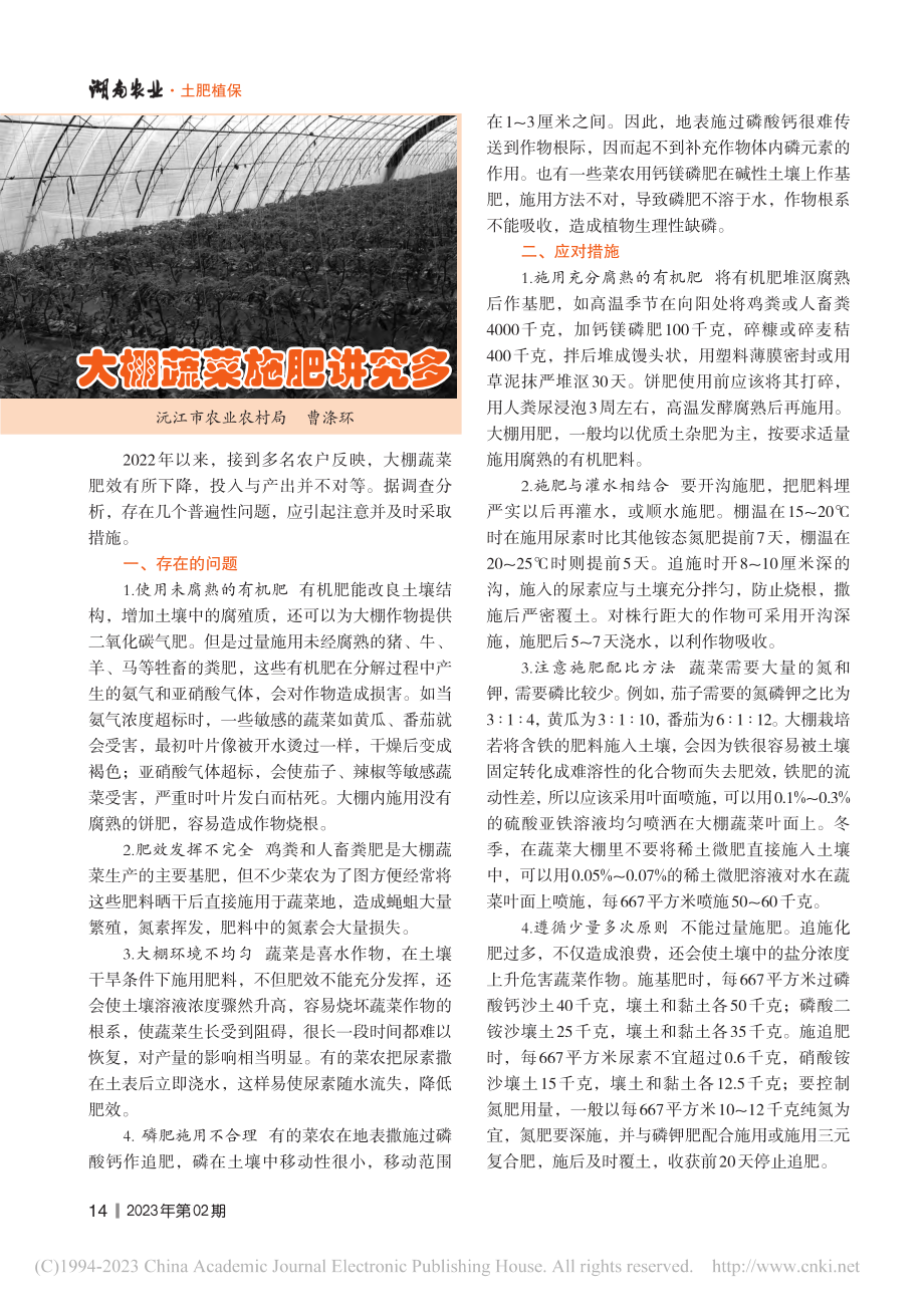 大棚蔬菜施肥讲究多_曹涤环.pdf_第1页