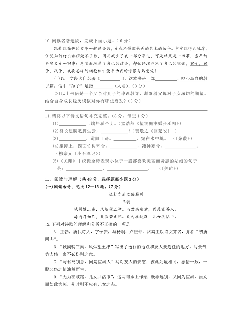 湖南省永州市新田县2019-2020学年八年级下学期期中考试语文试题.doc_第3页