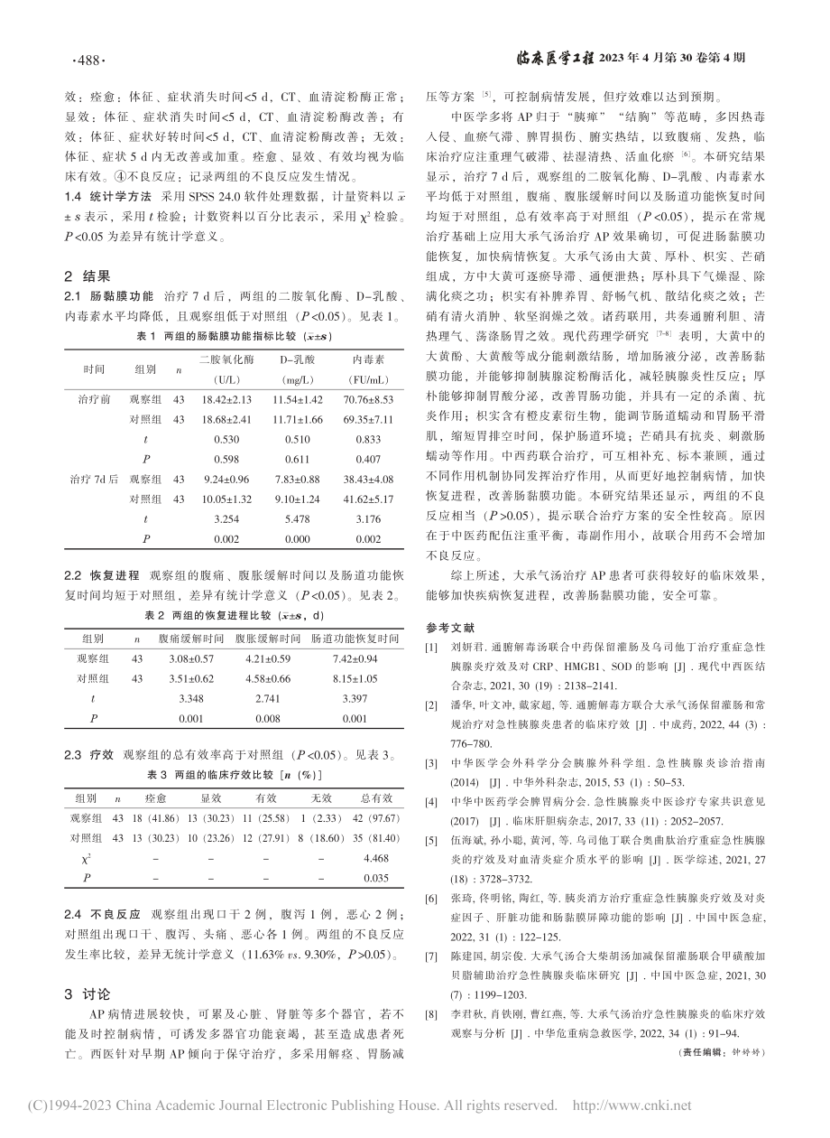 大承气汤对急性胰腺炎患者肠黏膜功能及恢复进程的影响_张耿坤.pdf_第2页