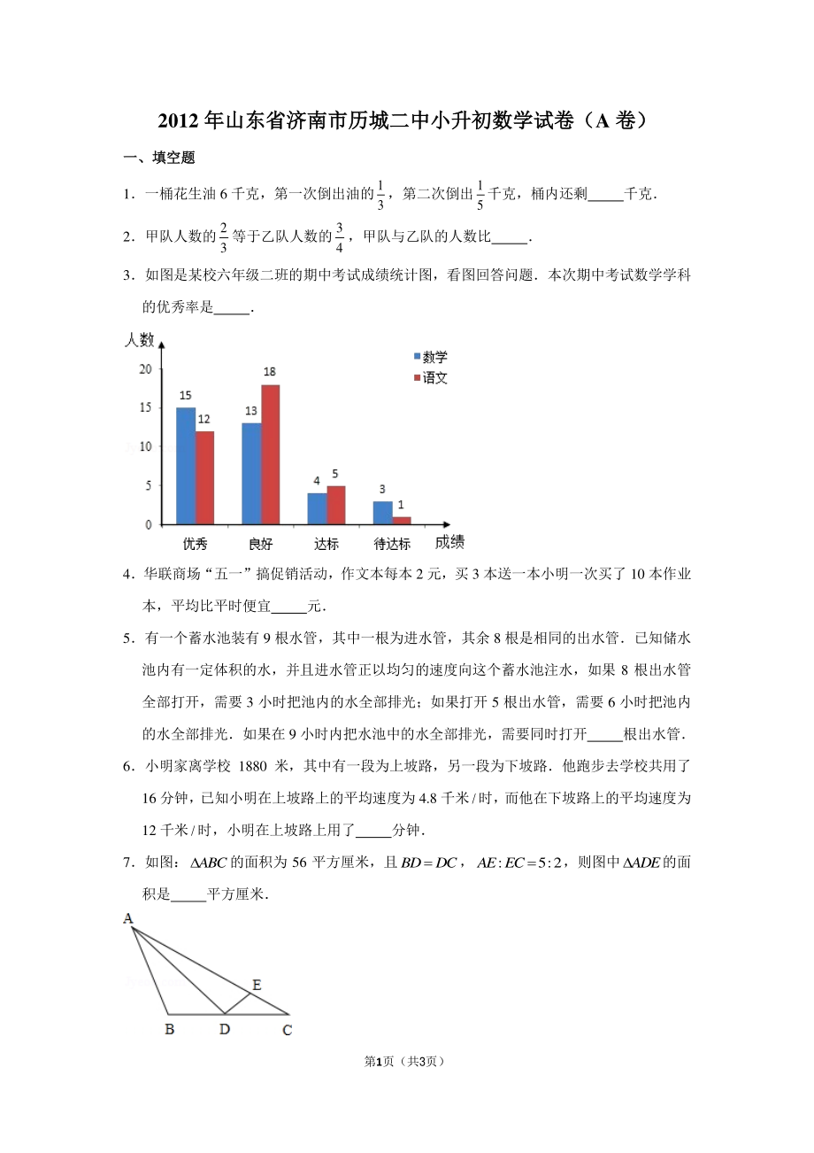 2012年山东省济南市历城二中小升初数学试卷（a卷）.pdf_第1页