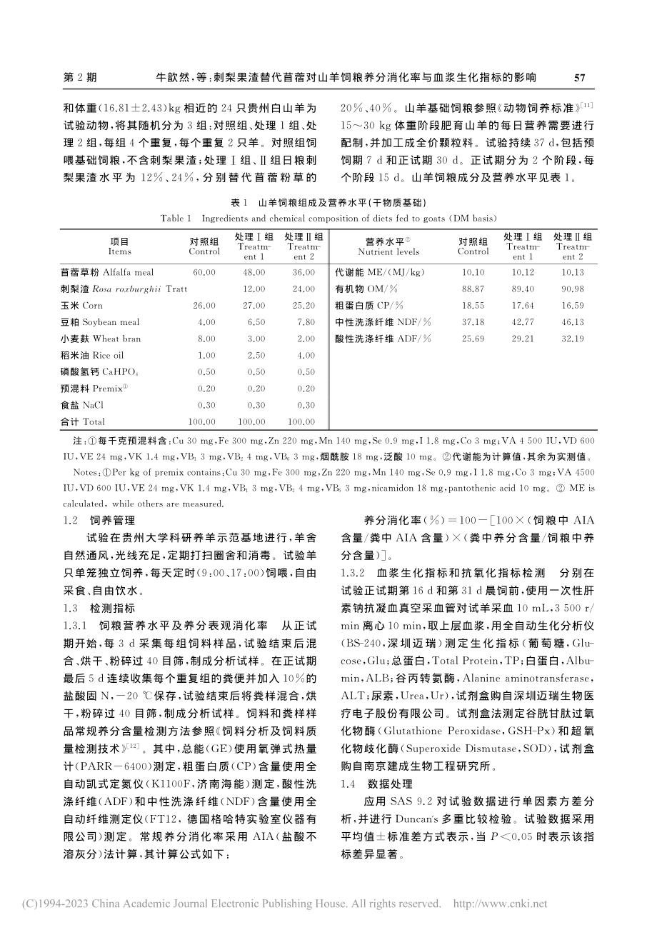 刺梨果渣替代苜蓿对山羊饲粮...消化率与血浆生化指标的影响_牛歆然.pdf_第2页