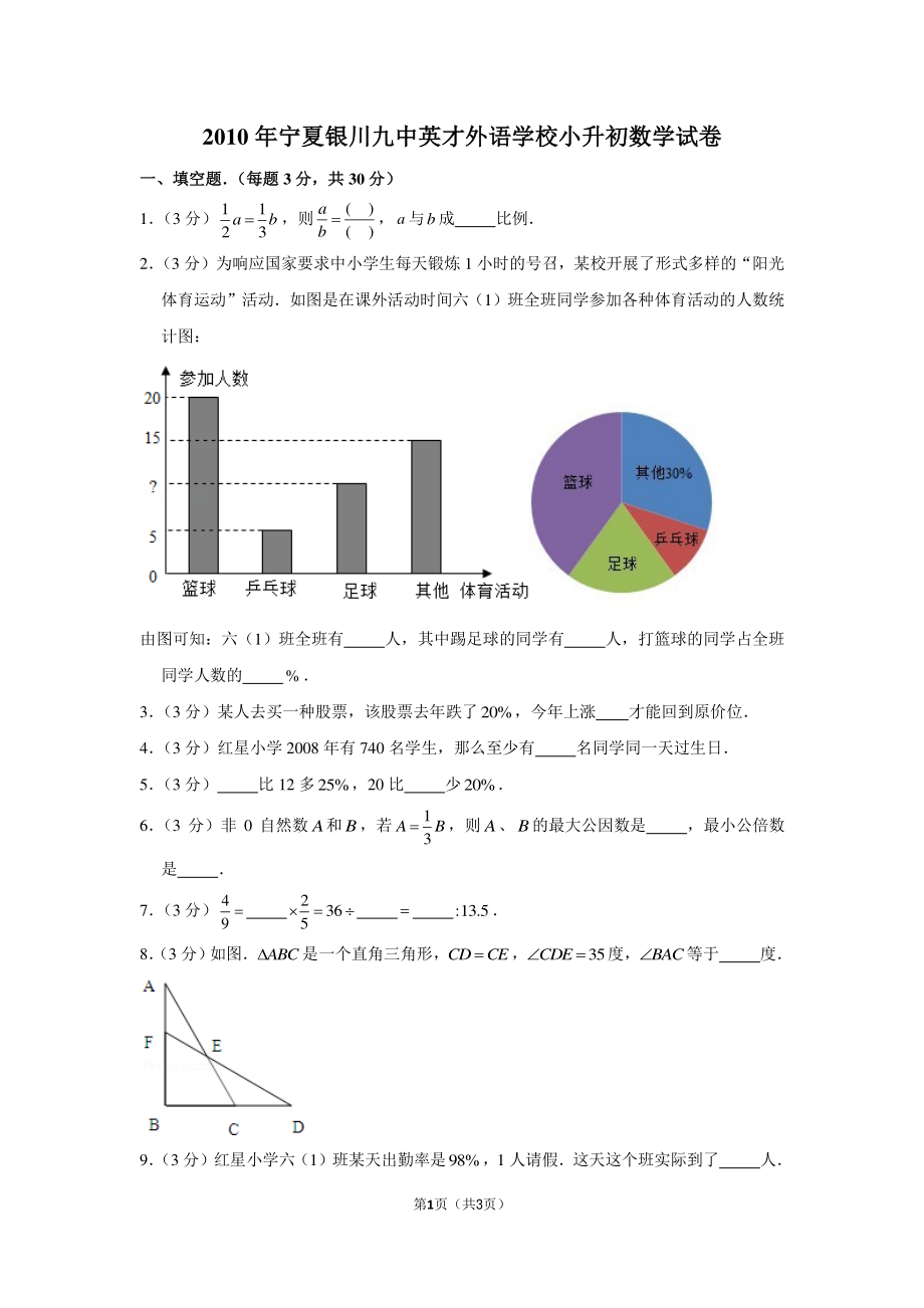 2010年宁夏银川九中英才外语学校小升初数学试卷.pdf_第1页