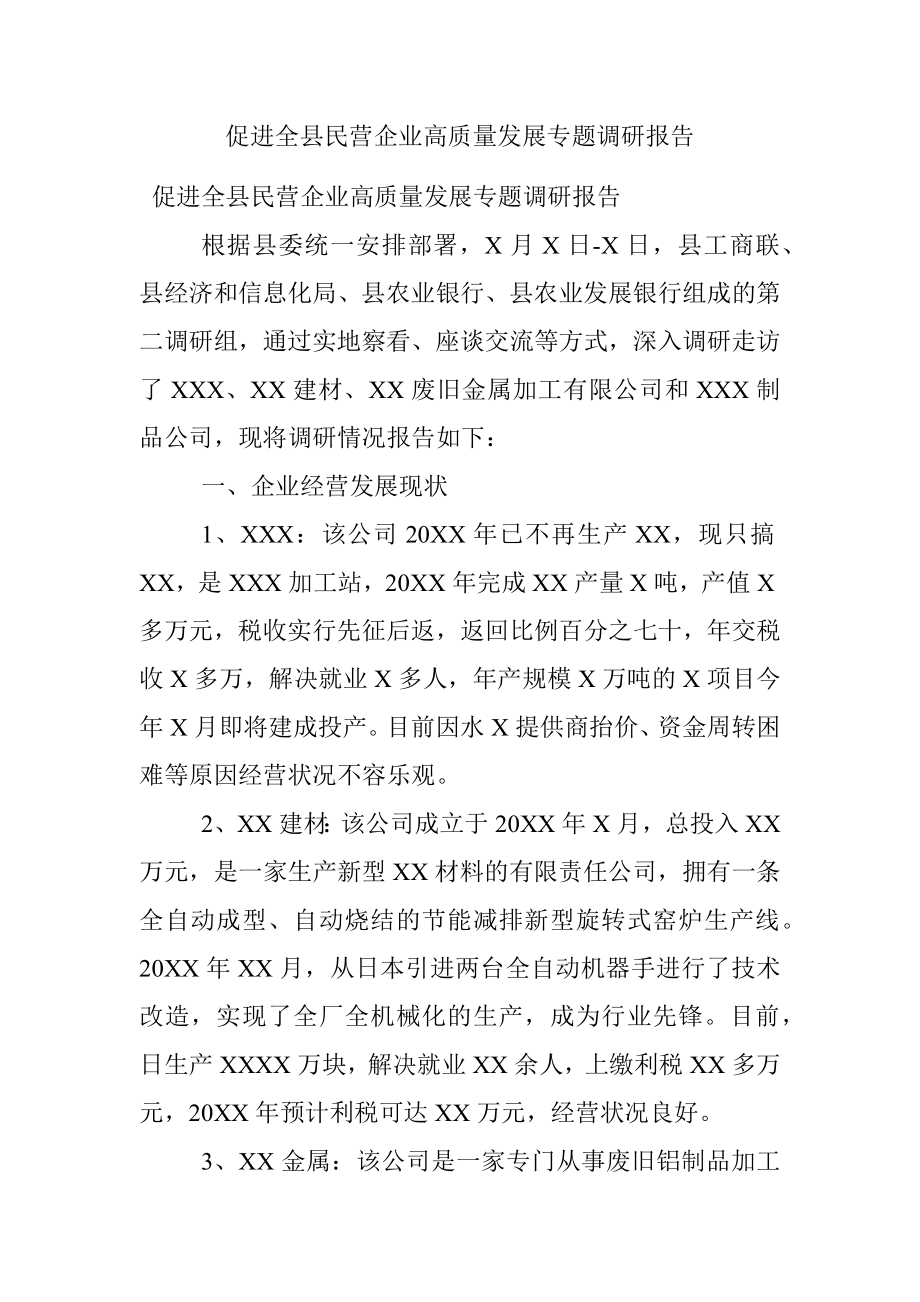 促进全县民营企业高质量发展专题调研报告.docx_第1页