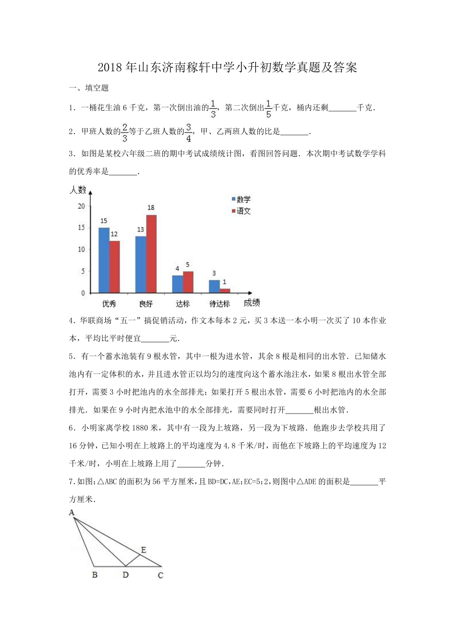 2018年山东济南稼轩中学小升初数学真题及答案.pdf_第1页