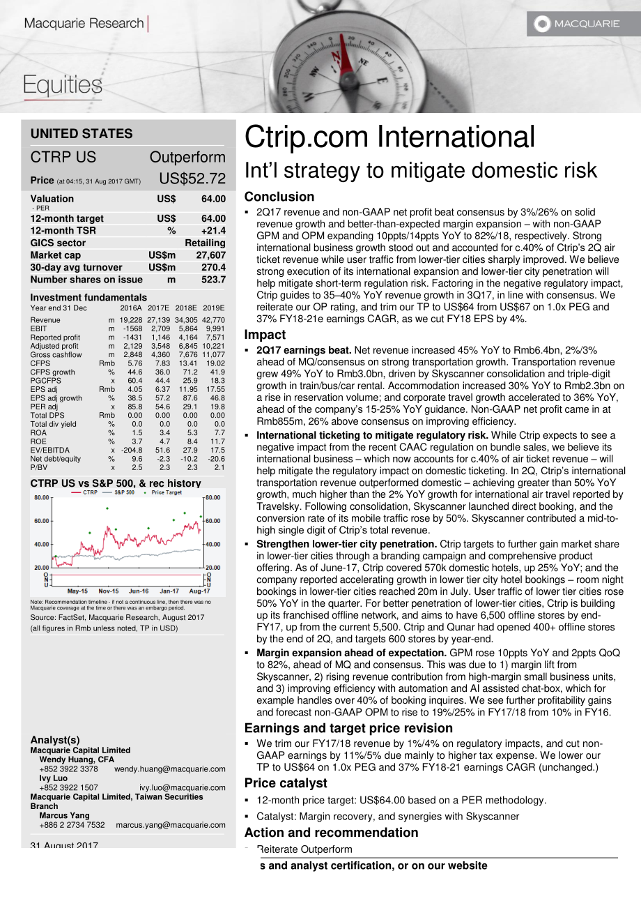 麦格理-美股-个股研究（携程国际）-携程国际：减轻国内风险的国际战略-20170831-Ctrip.com International：Int’l strategy to mitigate domestic risk-Macquarie.pdf_第1页