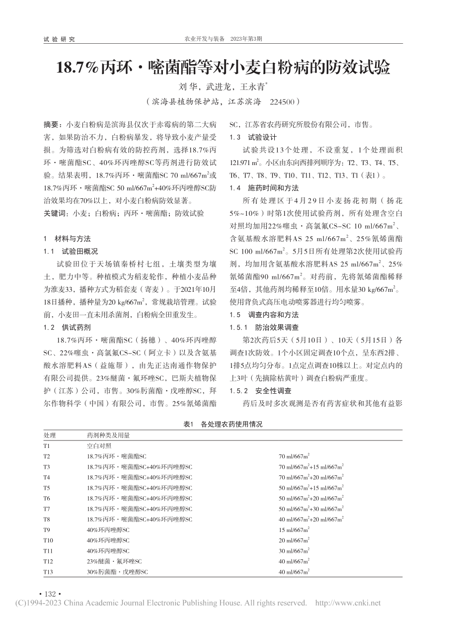 18.7%丙环·嘧菌酯等对小麦白粉病的防效试验_刘华.pdf_第1页