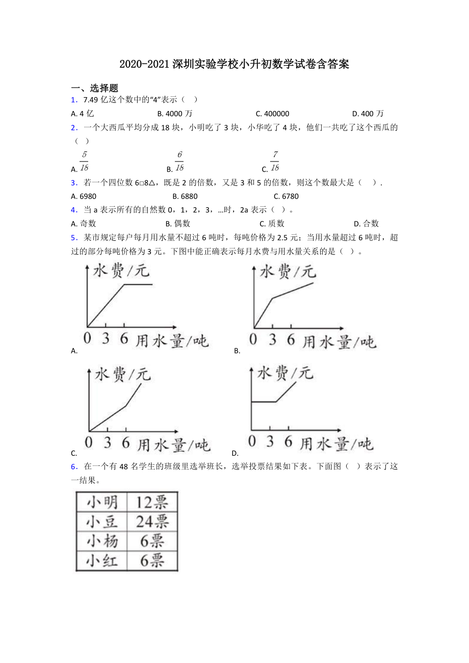 2020-2021深圳实验学校小升初数学试卷含答案.pdf_第1页