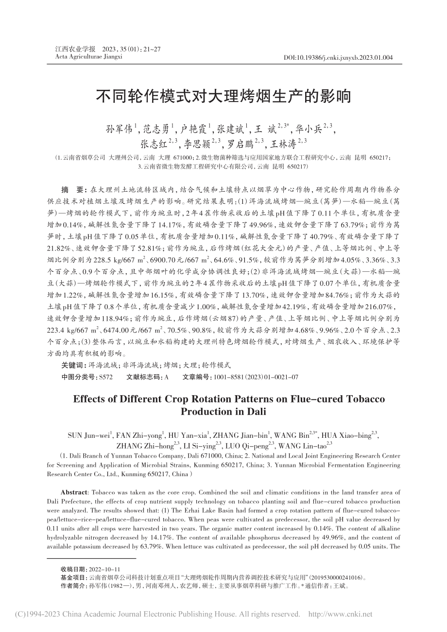 不同轮作模式对大理烤烟生产的影响_孙军伟.pdf_第1页