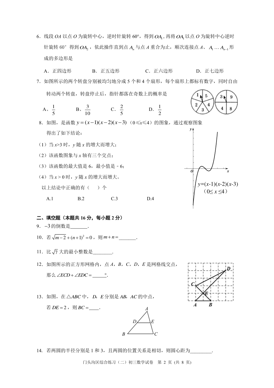 门头沟区2021年初三年级数学综合练习（二）-试卷附答案.pdf_第2页