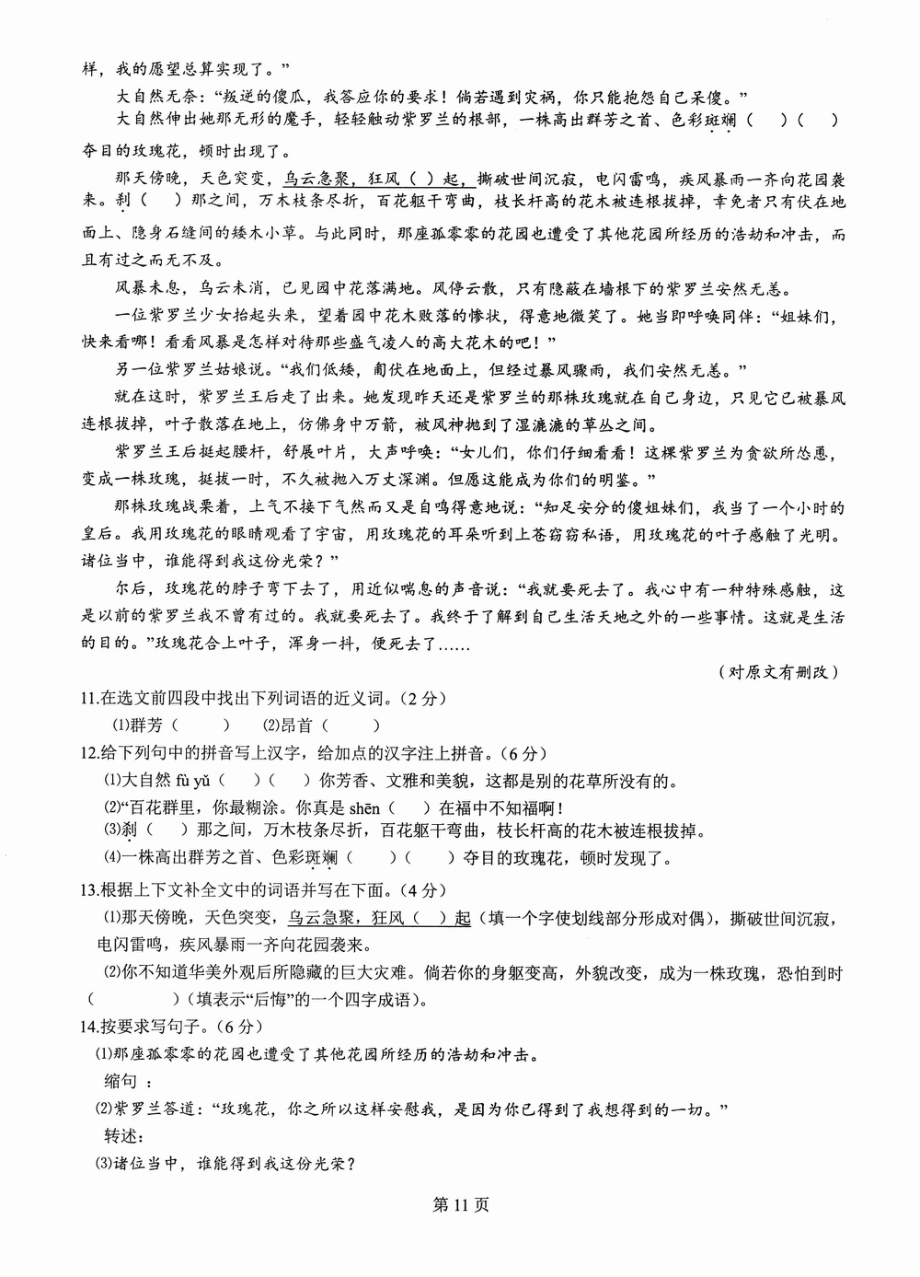 2015四川绵阳东辰国际学校小升初语文试卷.pdf_第3页