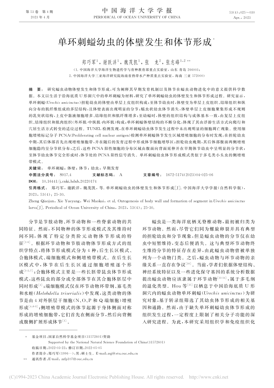 单环刺螠幼虫的体壁发生和体节形成_郑巧军.pdf_第1页