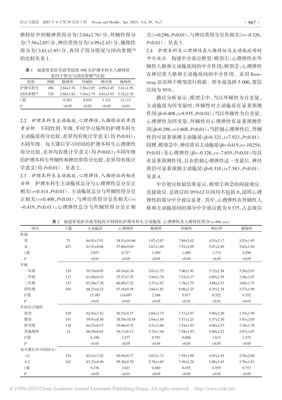 护理本科生心理弹性在人格特征与主动拖延间的中介作用_方晓鸿.pdf_第3页