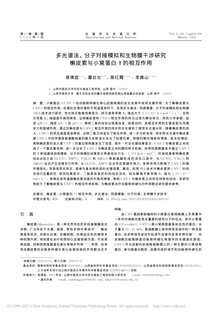 多光谱法、分子对接模拟和生...素与小窝蛋白-1的相互作用_侯倩宜.pdf_第1页