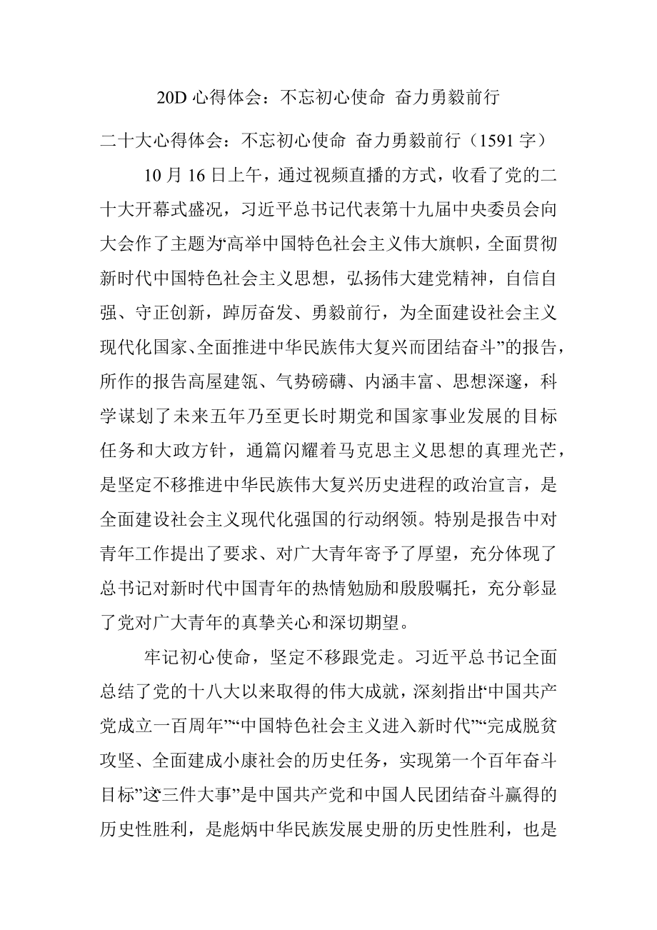 20D心得体会：不忘初心使命 奋力勇毅前行.docx_第1页