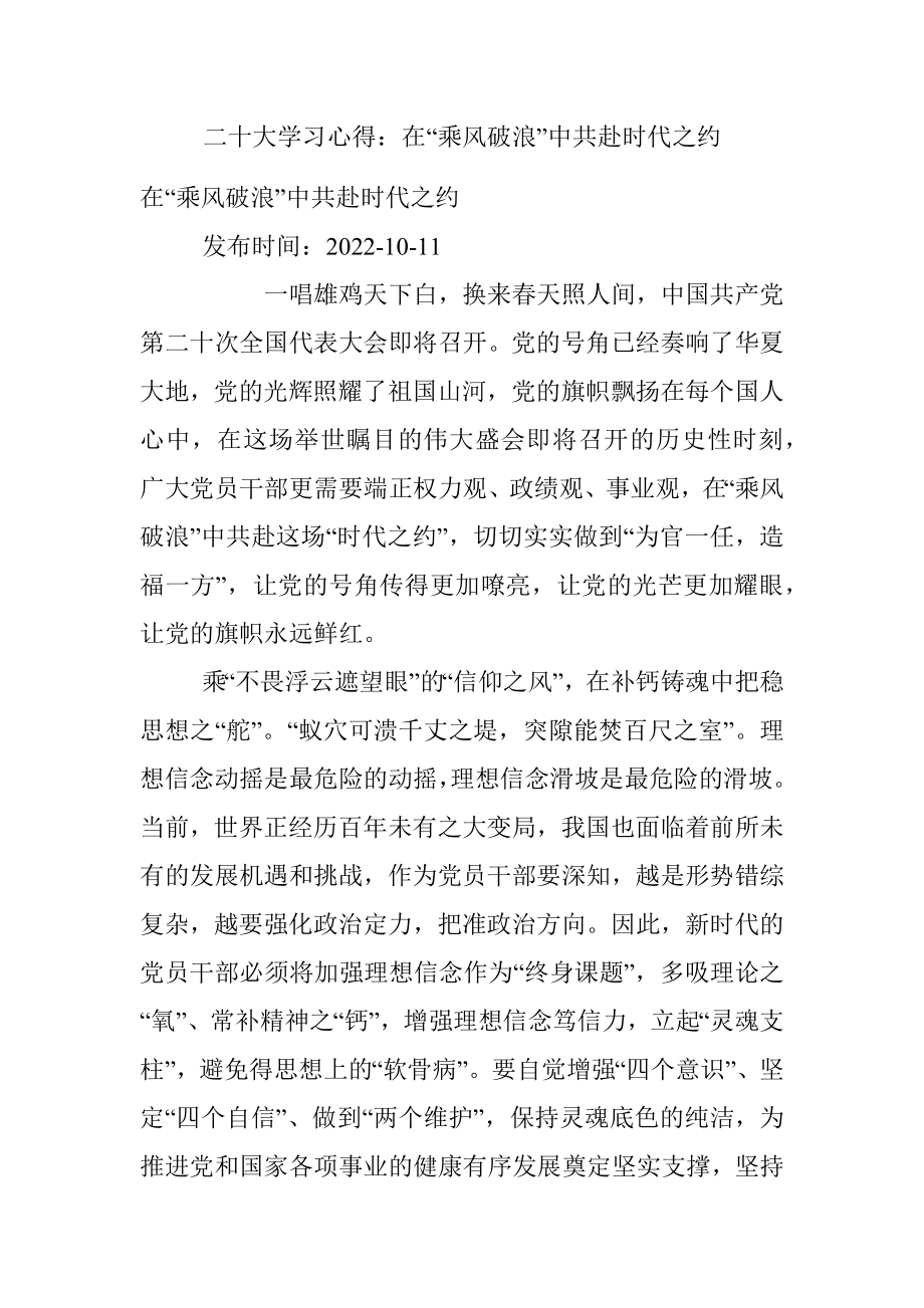 二十大学习心得：在“乘风破浪”中共赴时代之约.docx_第1页