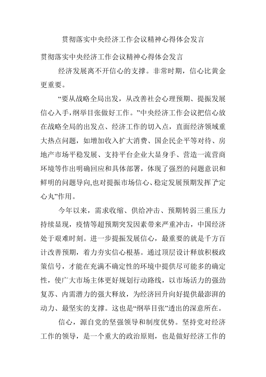 贯彻落实中央经济工作会议精神心得体会发言.docx_第1页