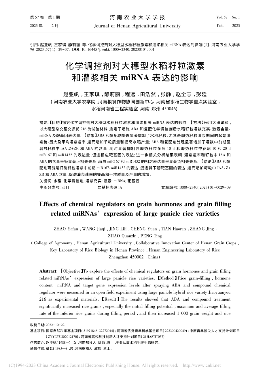 化学调控剂对大穗型水稻籽粒...浆相关miRNA表达的影响_赵亚帆.pdf_第1页