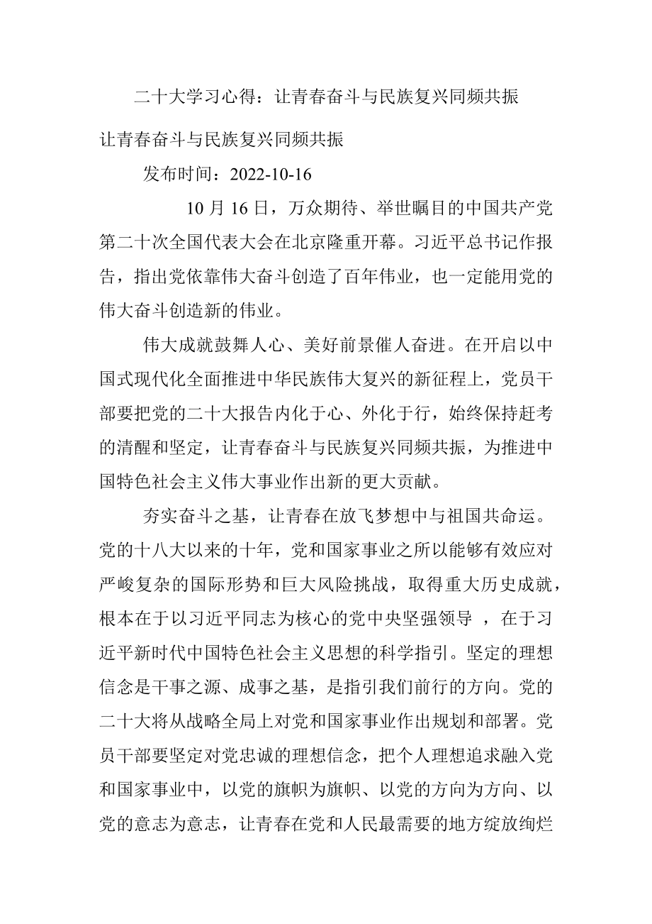 二十大学习心得：让青春奋斗与民族复兴同频共振.docx_第1页