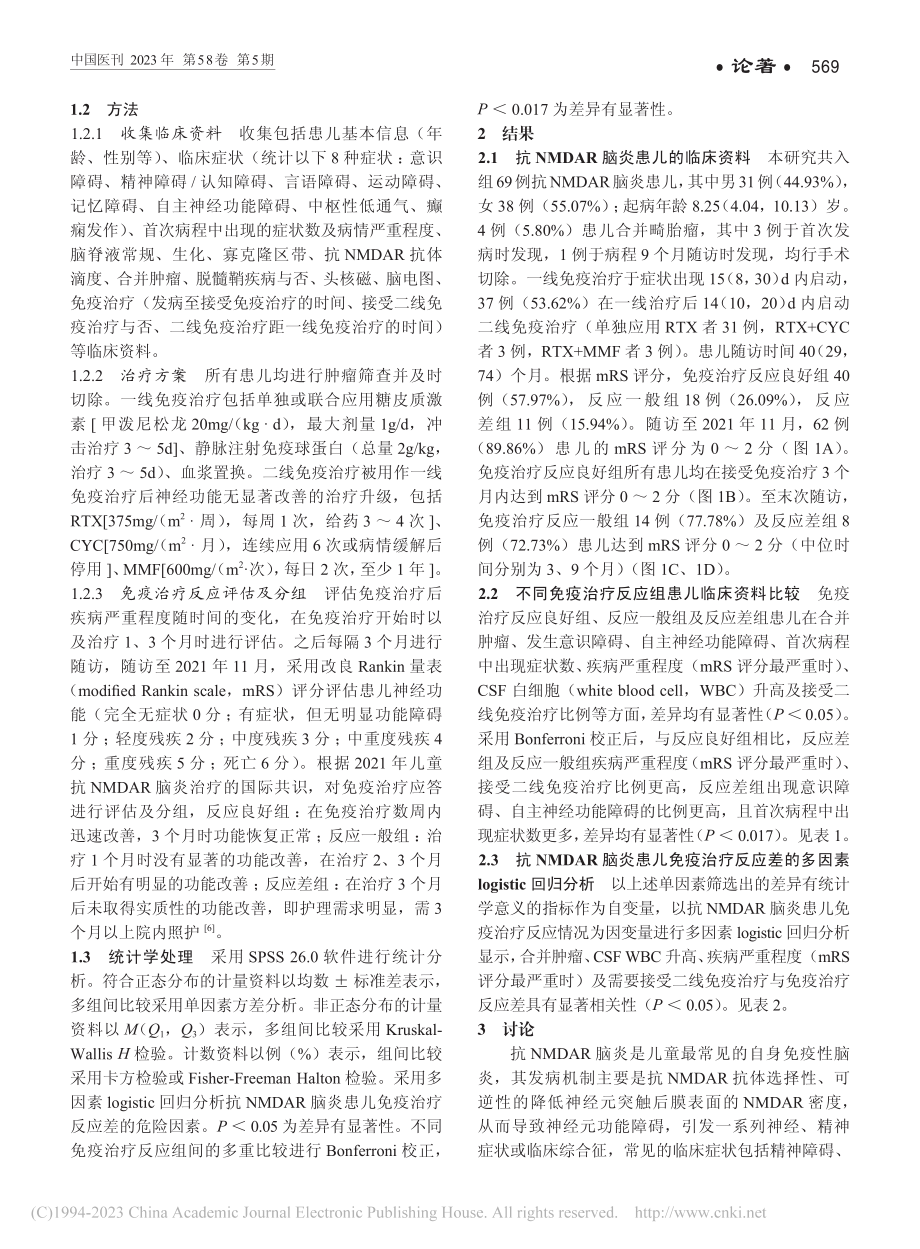 儿童抗N-甲基-D-天冬氨...免疫治疗疗效及危险因素研究_郑萍.pdf_第2页