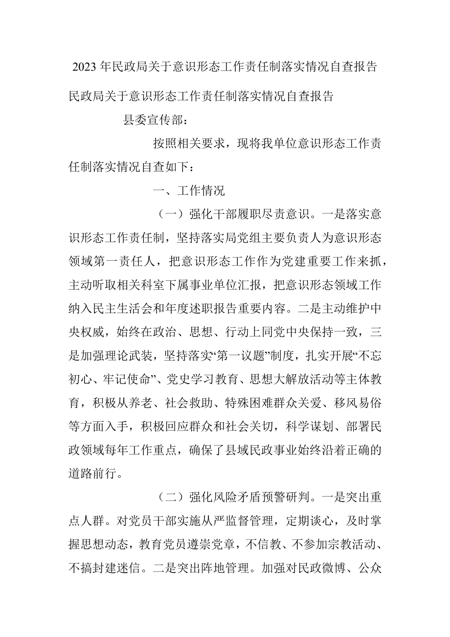 2023年民政局关于意识形态工作责任制落实情况自查报告.docx_第1页