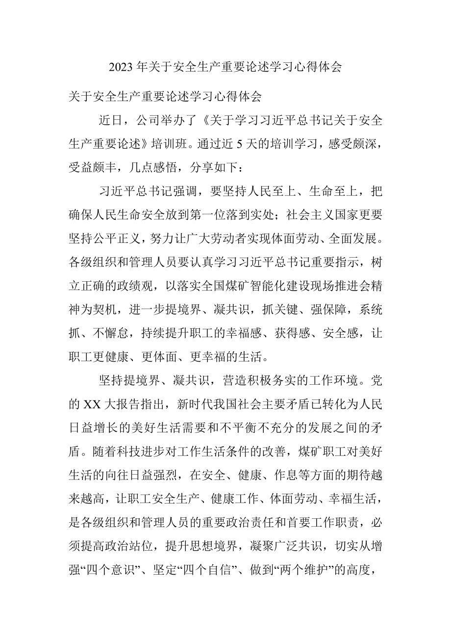 2023年关于安全生产重要论述学习心得体会.docx_第1页