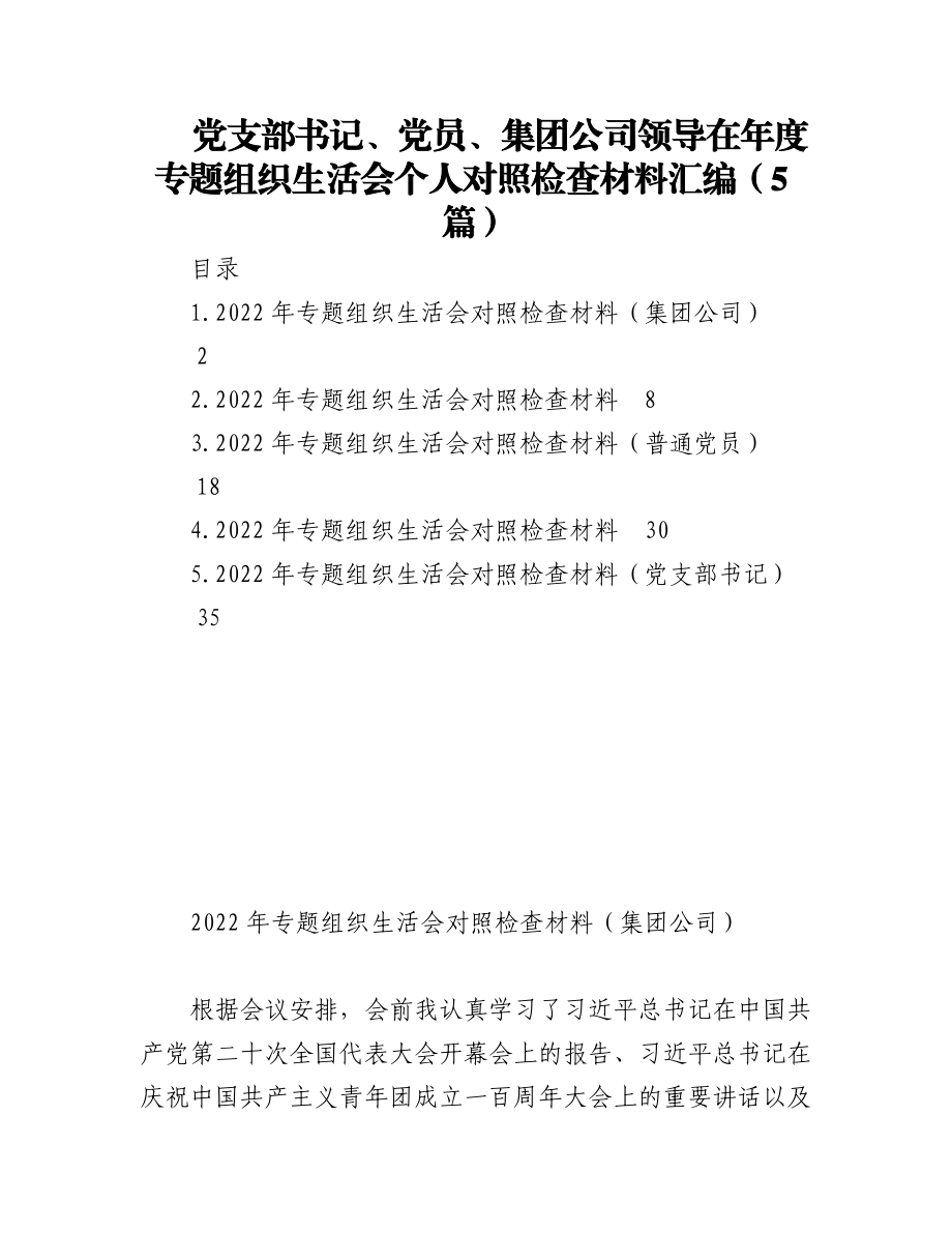 2023年（5篇）党支部书记、党员、集团公司领导在年度专题组织生活会个人对照检查材料汇编.docx_第1页