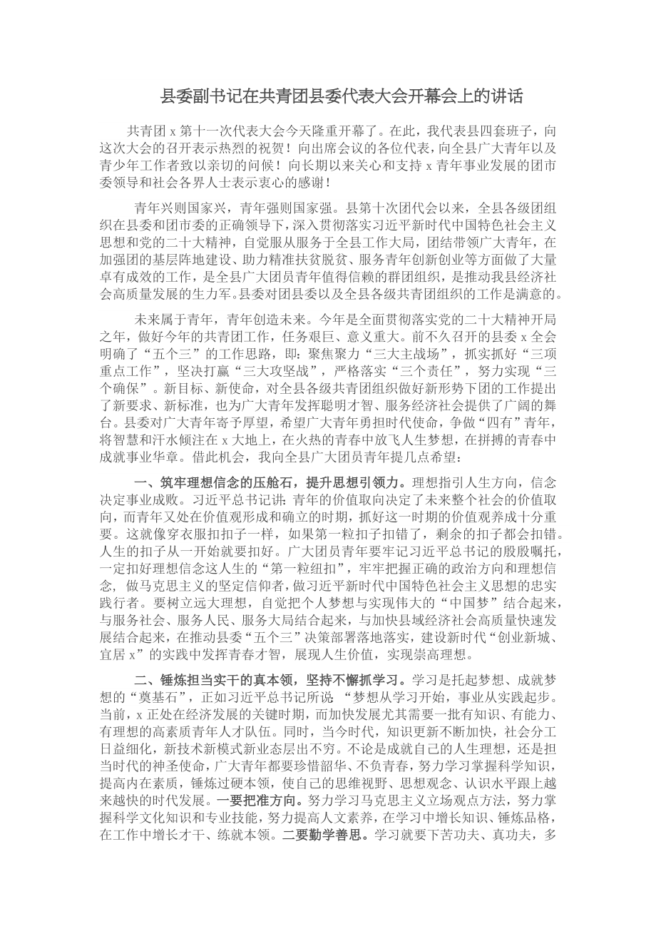 县委副书记在共青团县委代表大会开幕会上的讲话 .docx_第1页