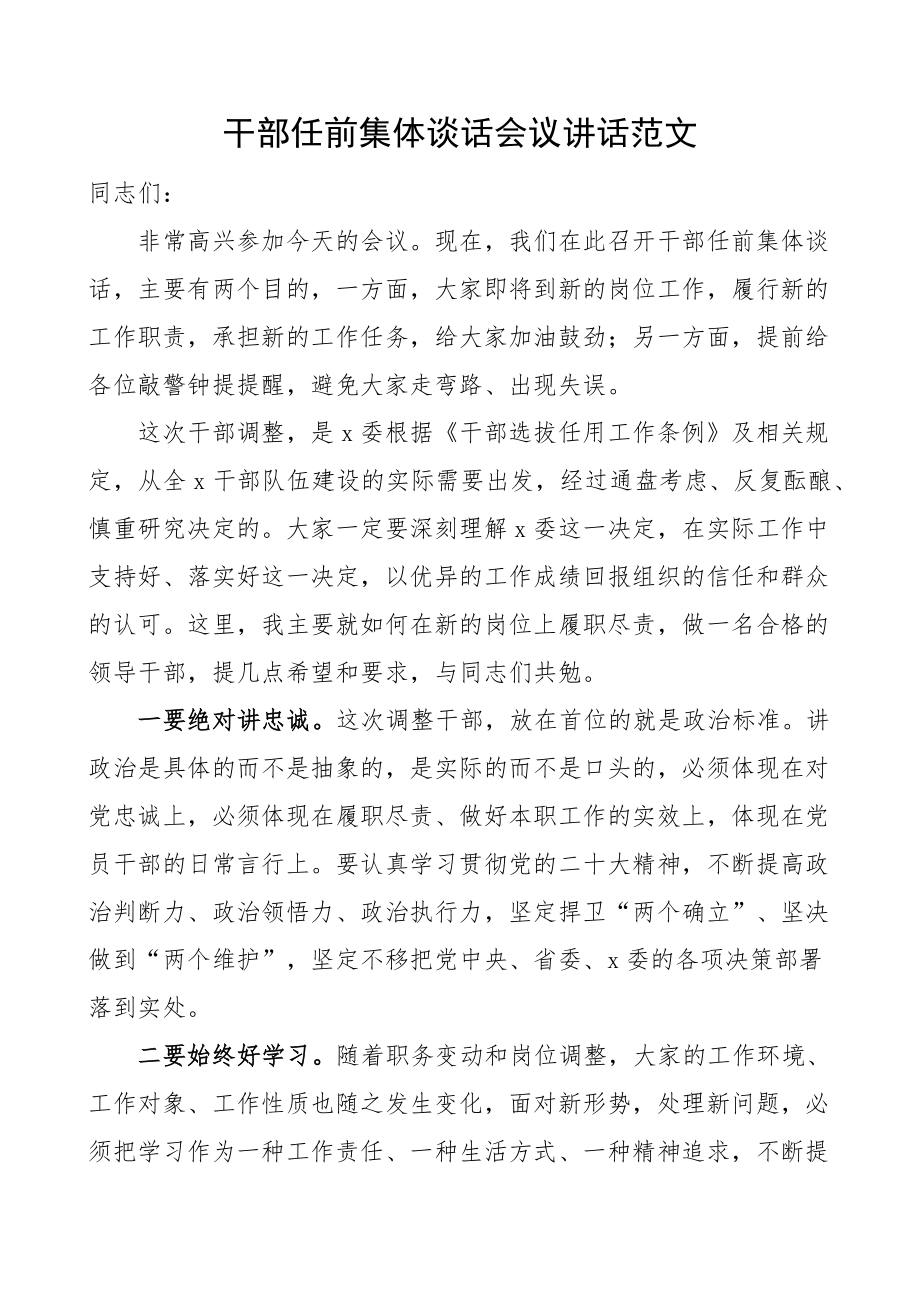 干部任前集体谈话会议讲话新提拔任职.docx_第1页