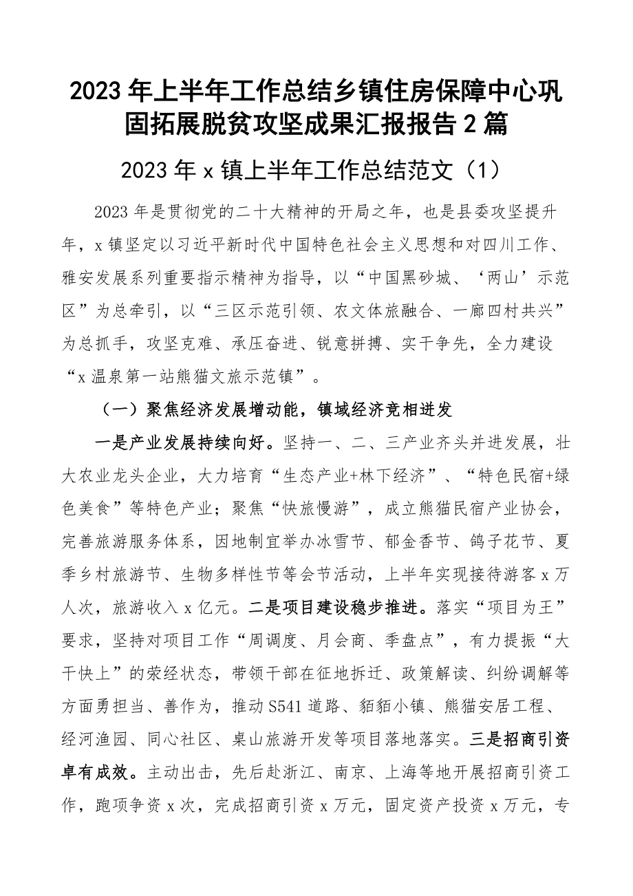 2023年上半年工作总结乡镇住房保障中心巩固拓展脱贫攻坚成果汇报报告2篇.docx_第1页