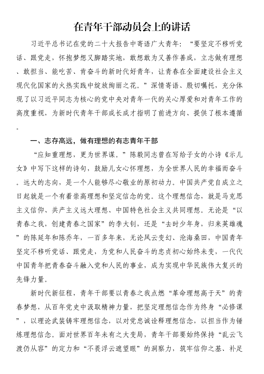 在青年干部动员会上的讲话 .docx_第1页