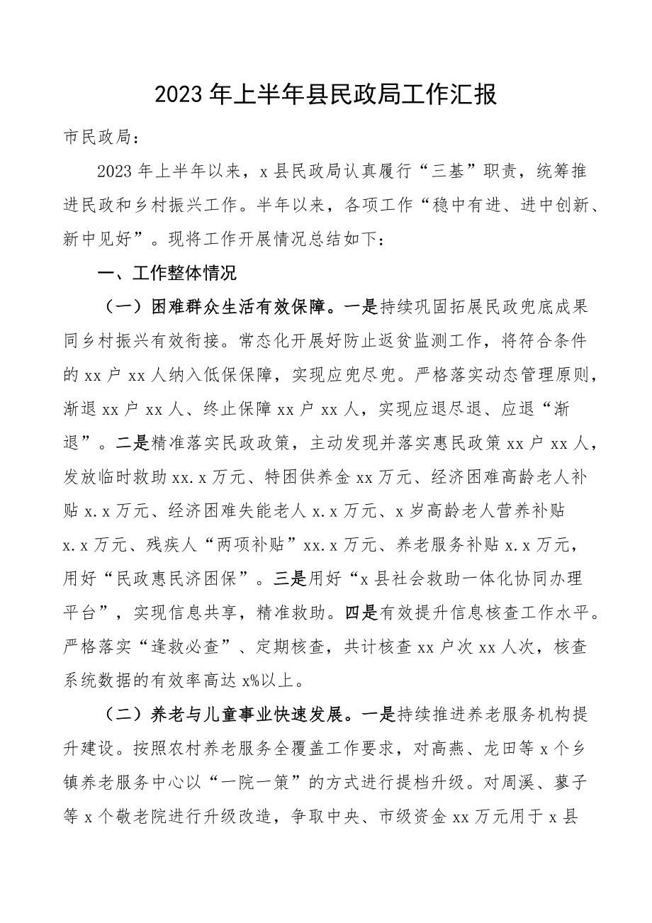 2023年上半年县民政局工作汇报总结报告.docx_第1页