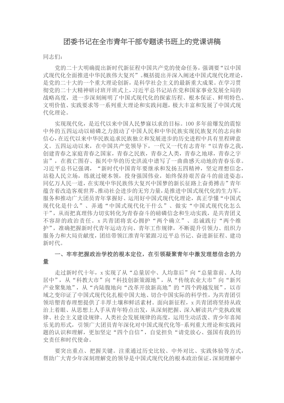 团委书记在全市青年干部专题读书班上的党课讲稿 .docx_第1页