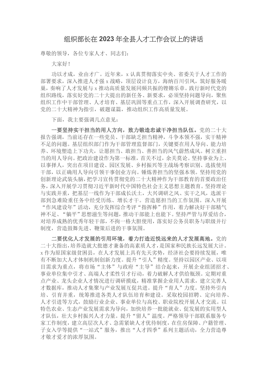 组织部长在2023年全县人才工作会议上的讲话 .docx_第1页