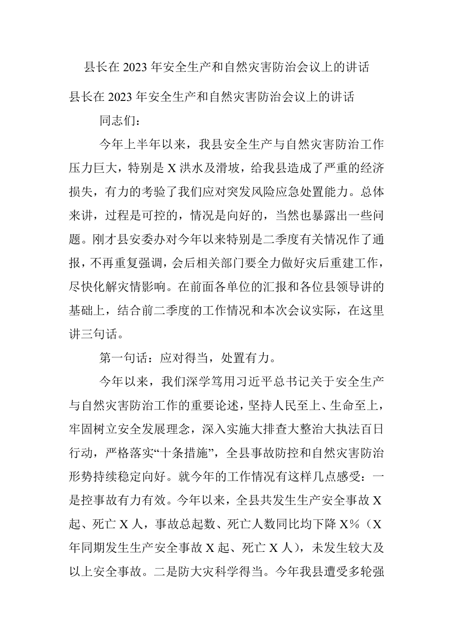 县长在2023年安全生产和自然灾害防治会议上的讲话.docx_第1页