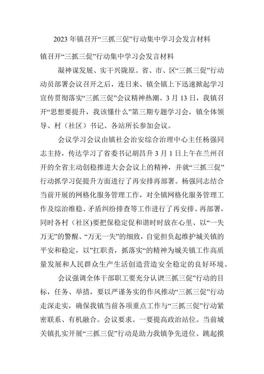 2023年镇召开“三抓三促”行动集中学习会发言材料.docx_第1页