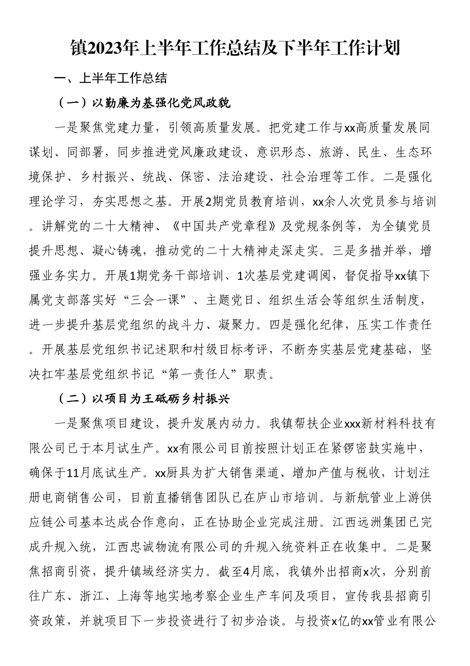 镇2023年上半年工作总结及下半年工作计划 .docx_第1页