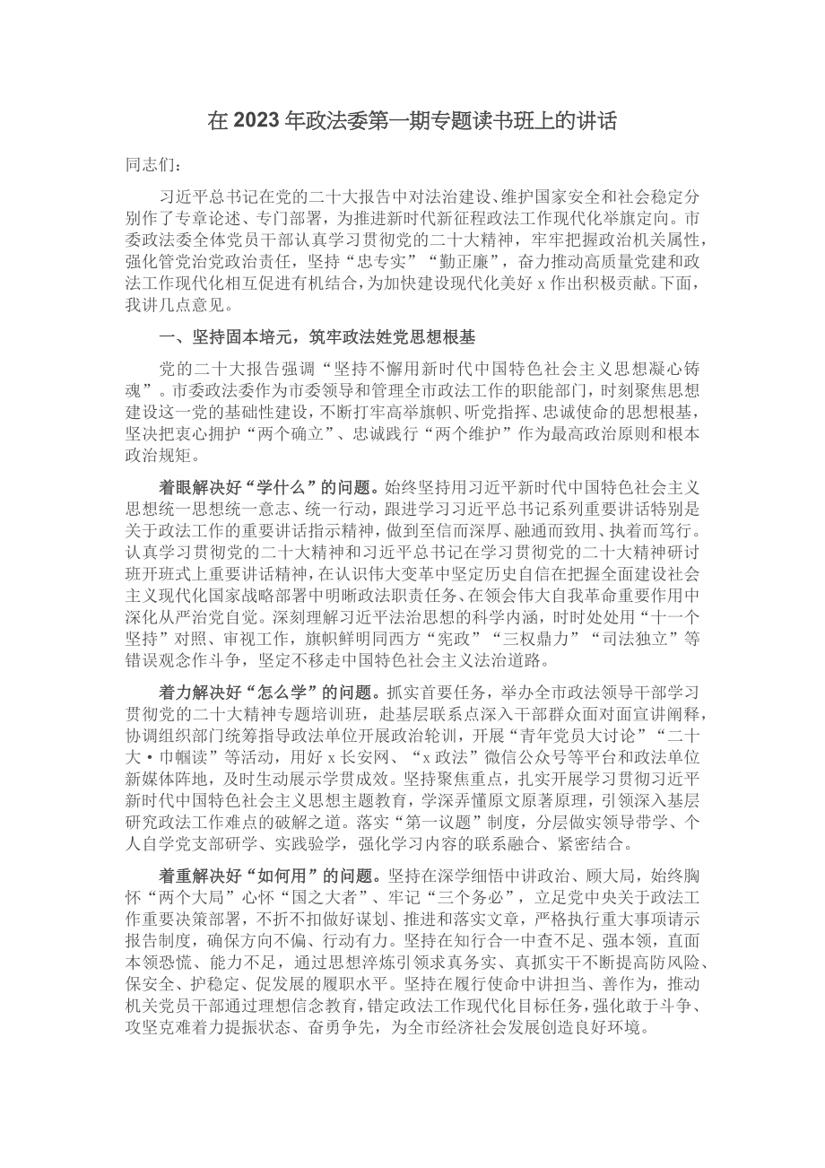 在2023年政法委第一期专题读书班上的讲话 .docx_第1页