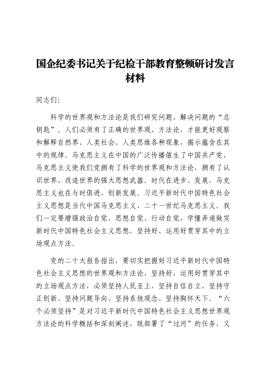 国企纪委书记关于纪检干部教育整顿研讨发言材料 .docx_第1页