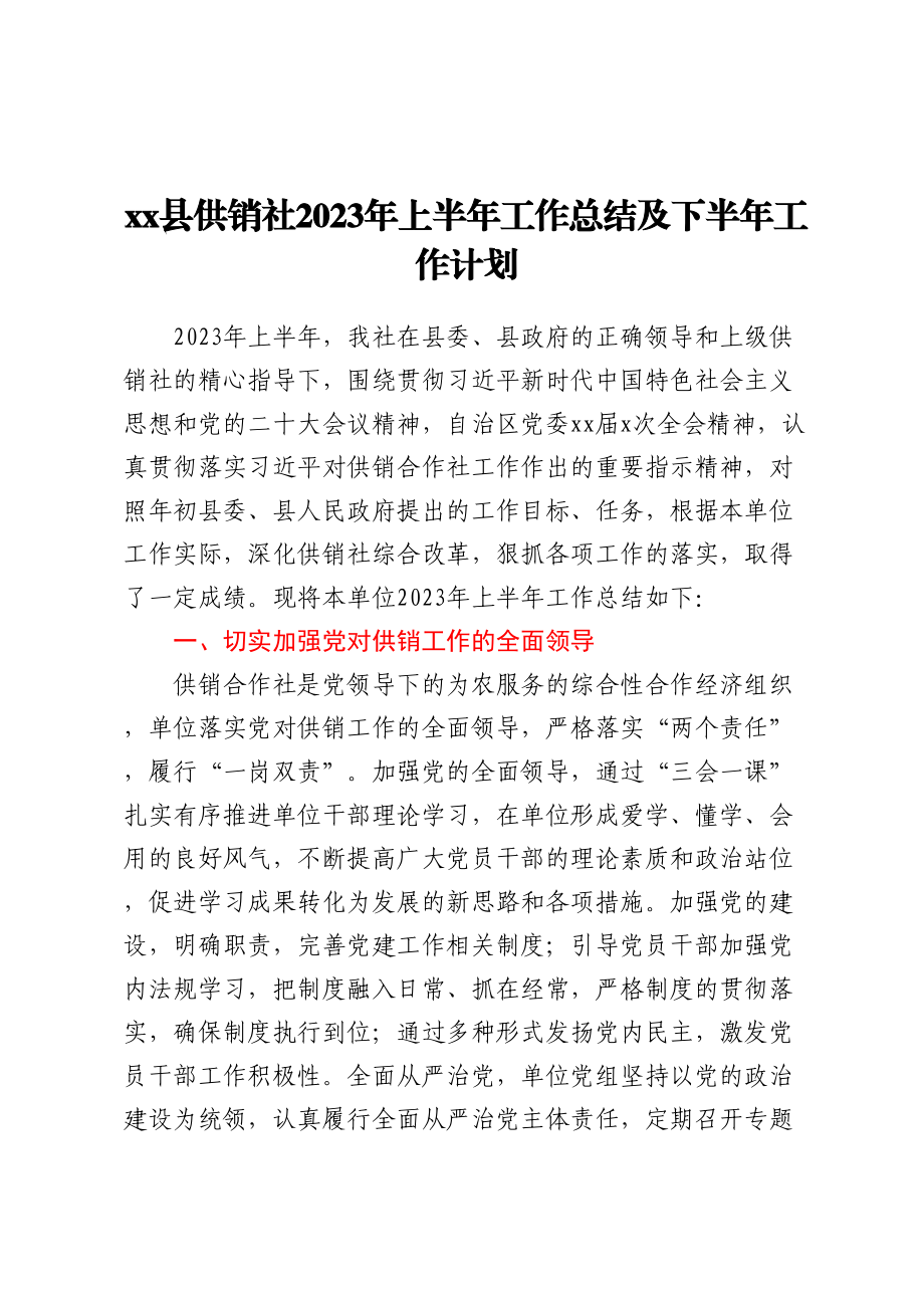 XX县供销社2023年上半年工作总结及下半年工作计划 .docx_第1页