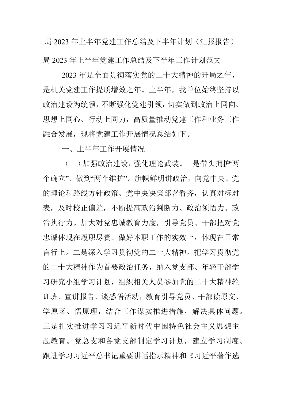 局2023年上半年党建工作总结及下半年计划（汇报报告）.docx_第1页