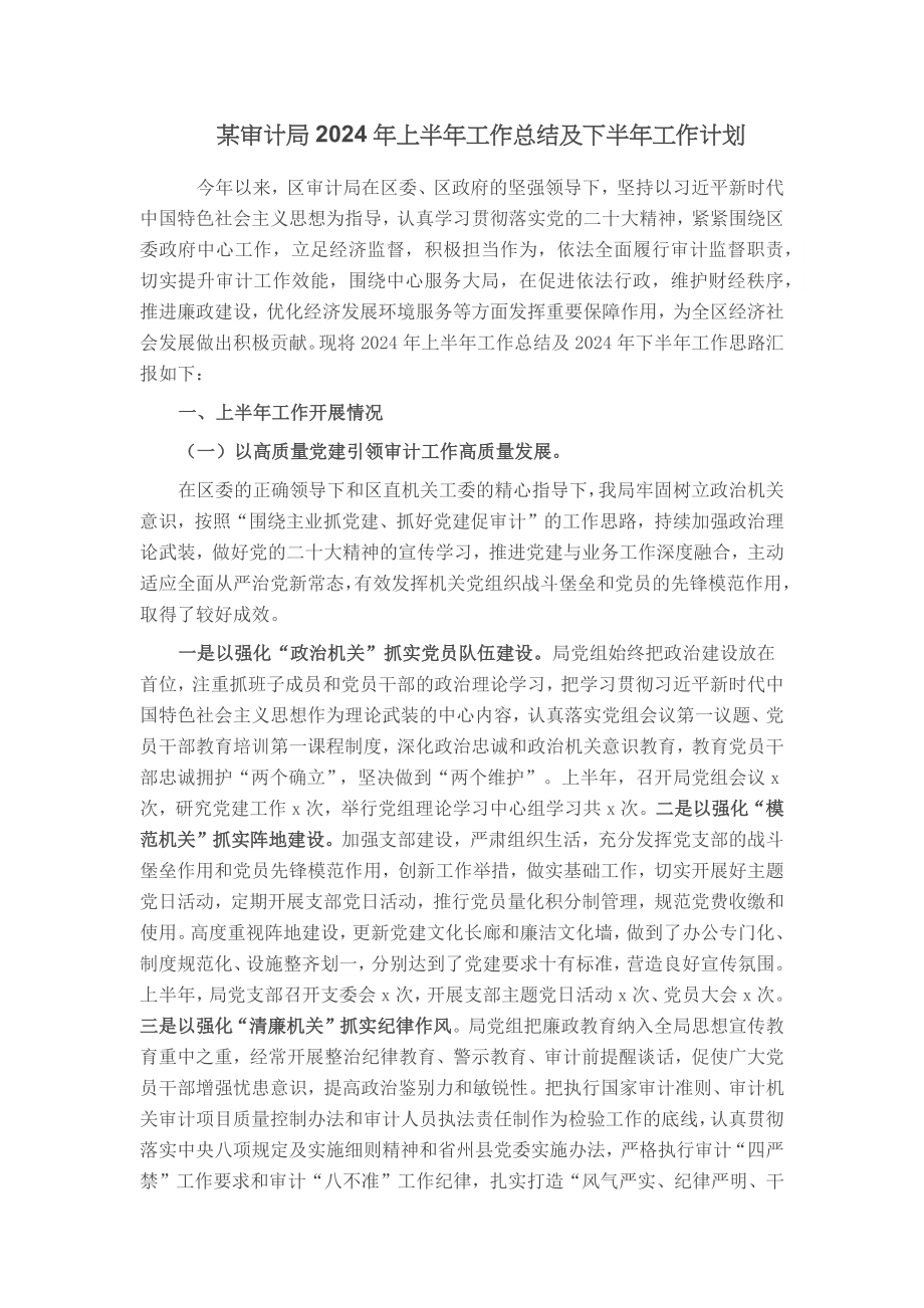 某审计局2024年上半年工作总结及下半年工作计划 (2) .docx_第1页