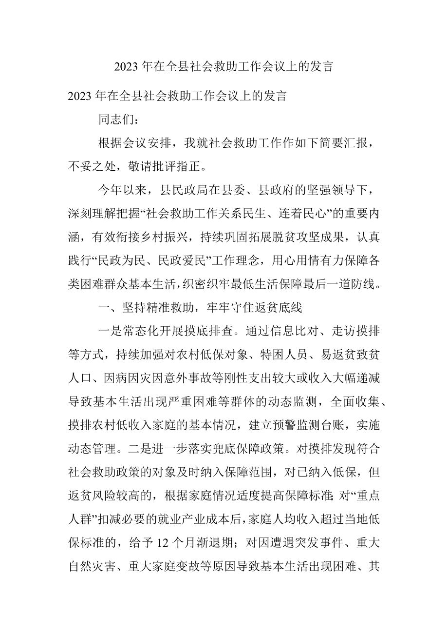 2023年在全县社会救助工作会议上的发言.docx_第1页