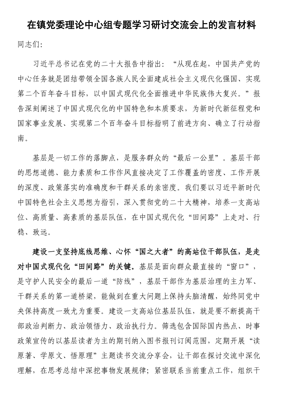 2024年在镇党委理论中心组专题学习研讨交流会上的发言材料 .docx_第1页