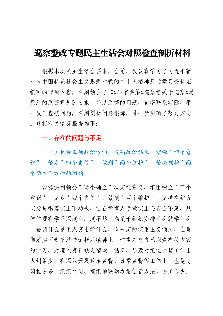 2024年巡察整改专题民主生活会对照检查剖析材料 .docx_第1页