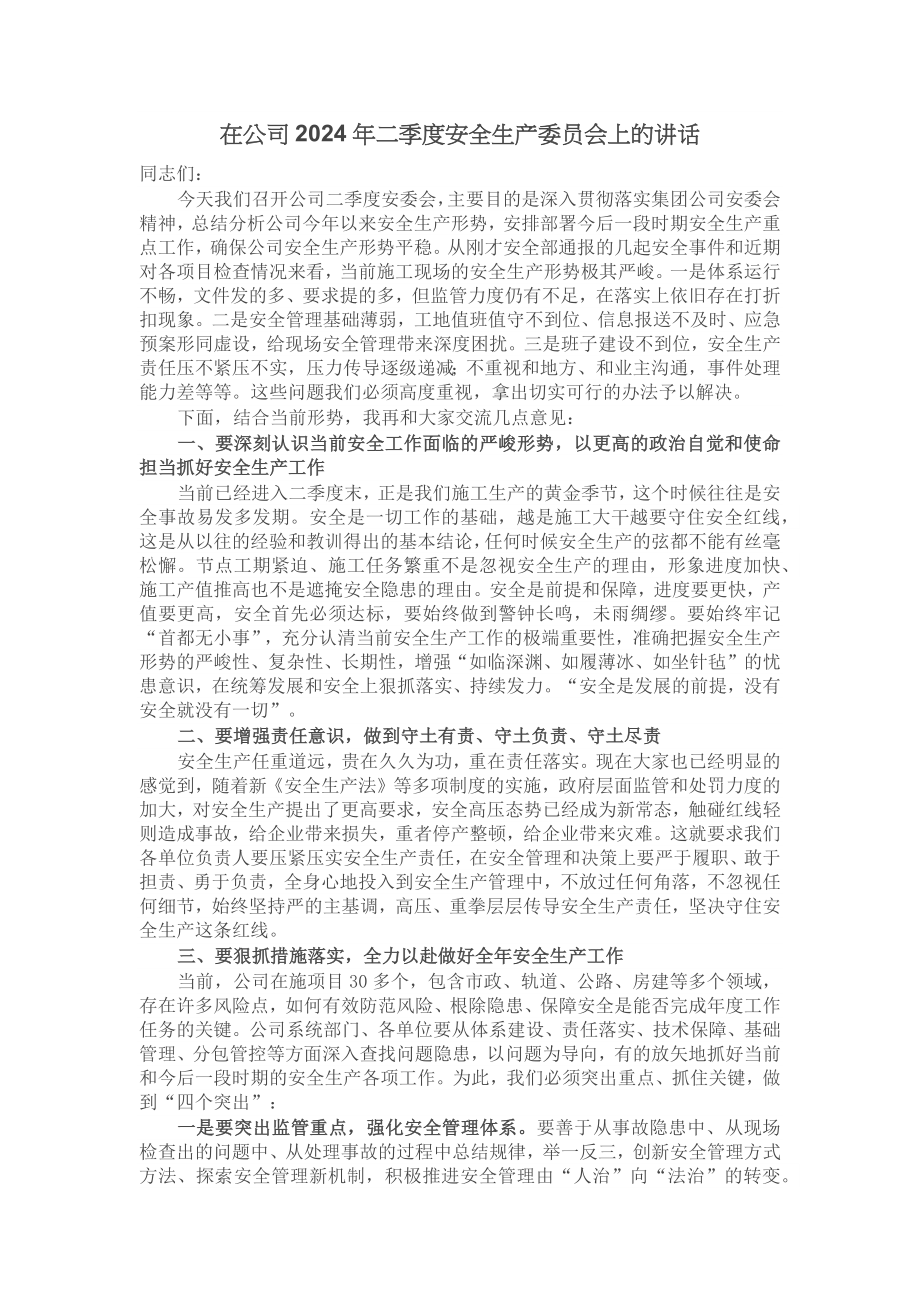 在公司2024年二季度安全生产委员会上的讲话 .docx_第1页